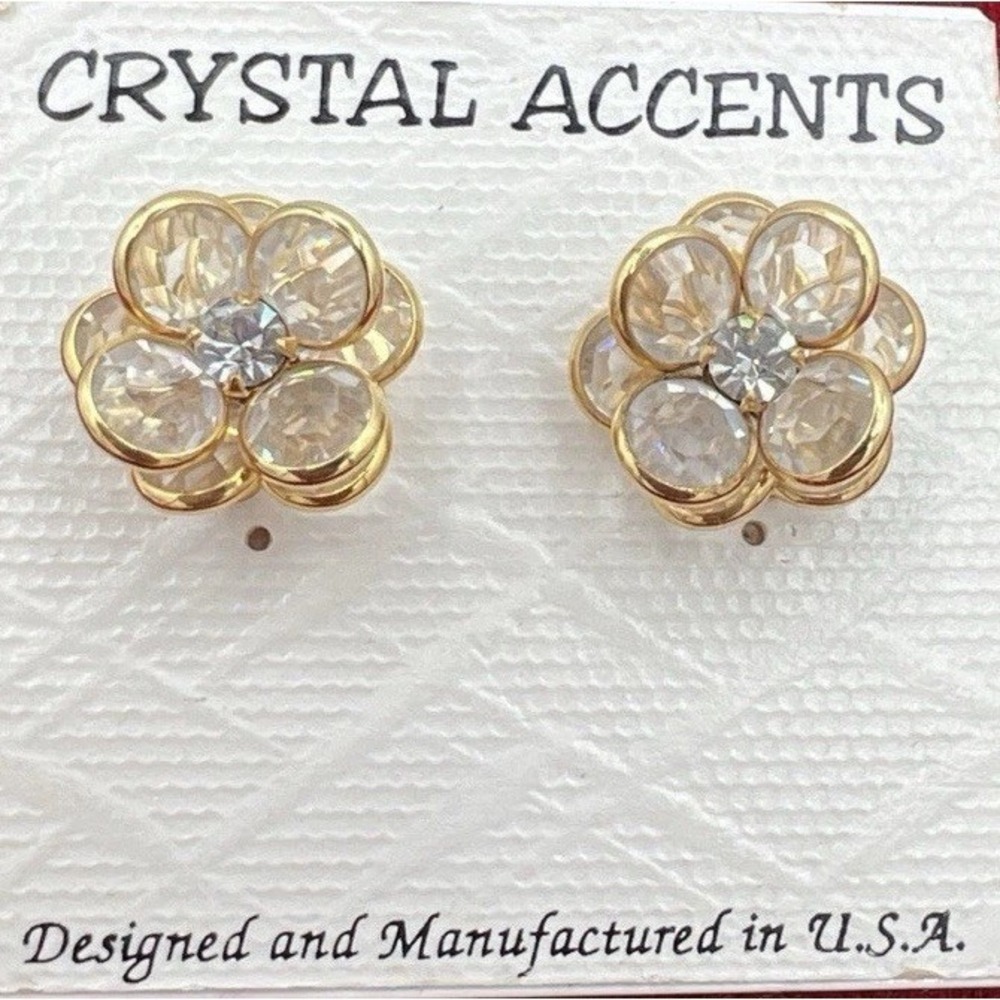 Crystal post earrings flower shape gold tone, excellent condition